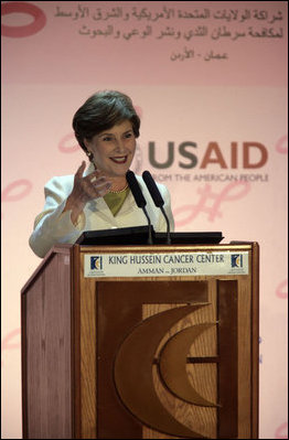 Mrs. Laura Bush delivers remarks regarding the U.S.-Middle East Partnership Initiative for Breast Cancer Awareness and Research after touring the King Hussein Medical Center Thursday, Oct. 25, 2007, in Amman, Jordan. "Over the next quarter-century, an estimated 25 million women around the world will be diagnosed with breast cancer," said Mrs. Bush. "People from every country must share their knowledge, resources and experience, because this disease affects women in every country."