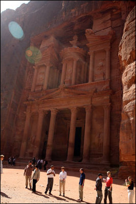 Mrs. Laura Bush tours the Treasury at Petra, a biblical city carved into stone, in southern Jordan Friday, Oct. 26, 2007. It is a UNESCO World Heritage Site and designated as one of the Seven New Wonders of the World in July 2007. A regional trading center, Petra prospered from the first century BCE until the first century AD, when it fell to the Romans in 106 AD.