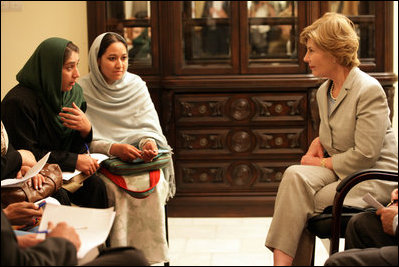 Mrs. Laura Bush speaks with faculty and students from Afghan universities and international schools, Sunday, June 8, 2008, during an unannounced visit to Kabul. Attending the meeting were representatives from Kabul University, American University of Afghanistan, International School of Kabul and the Women's Teacher Training Institute.