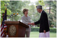 Mrs. Laura Bush shakes hands with President Hamid Karzai of Afghanistan, Sunday, June 8, 2008, during their press availability at the presidential palace in Kabul.