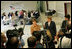 Laura Bush and U.S. Secretary of Education Margaret Spellings talk with reporters following their visit with staff and students Wednesday, Jan. 26, 2006 at the St. Bernard Unified School in Chalmette, La. The school is rebuilding after being ravaged in Hurricane Katrina.