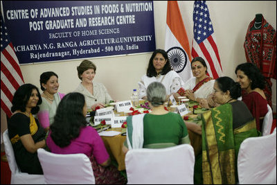 Mrs. Laura Bush visits with teachers and students at a Home Science School Lab, Friday, March 3, 2006, during a women empowerment meeting at the Acharya N.G. Ranga Agricultural University in Hyderabad, India.