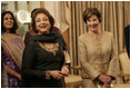 Mrs. Laura Bush with Mrs. Sehba Musharraf together at a State Dinner at Aiwan-e-Sadr in Islamabad, Pakistan, in honor of President George W. Bush and Mrs. Bush's visit to Pakistan.