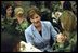 Laura Bush talks with members of the 101st Airborne at Fort Campbell, Kentucky. Known as "The Screaming Eagles," this airborne division took part in the largest airborne assault of World War II and also served in Vietnam. Surrounded by the soldiers, Mrs. Bush shares a turkey dinner with them Wednesday, Nov. 21, 2001. 