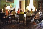 During the July 17, 2002 State Visit honoring Poland, Mrs. Bush hosted a coffee for Jolanta Kwasniewska, First Lady of Poland, in the Green Room. White House photo by Susan Sterner.