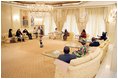 Mrs. Laura Bush is joined by daughter Barbara as they visit with Nigeria President Olusegun Obasanjo Wednesday, Jan. 18, 2006, at the presidential villa in Abuja, Nigeria. The visit came on the last day of a four-day visit to West Africa.