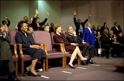 Celebrating the national observance of Dr. Martin Luther King, Jr.'s birthday, President George W. Bush and Laura Bush attend services at the First Baptist Church of Glenarden in Landover, Md., Monday, Jan. 20. 2003. White House photo by Susan Sterner.