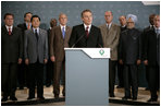 President George W. Bush and fellow G8 leaders stand behind Britain's Prime Minister Tony Blair Thursday, July 7, 2005, as he addressed the media at the Gleneagles Hotel in Auchterarder, Scotland, regarding the terrorist attacks that occured in London earlier in the day.