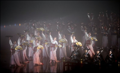 Performers from the Yosakoi Soran Festival entertain G-8 leaders and their spouses Monday, July 7, 2008, during dinner at the Windsor Hotel Toya Resort and Spa in Toyako, Japan.