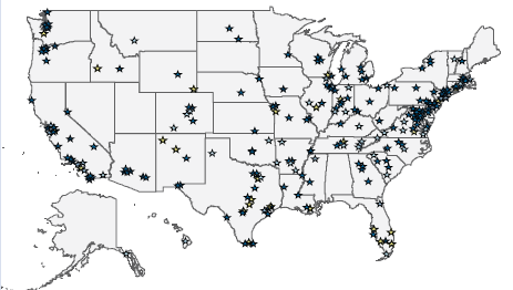 U.S. map shows where faith based and community initiatives are located around the country