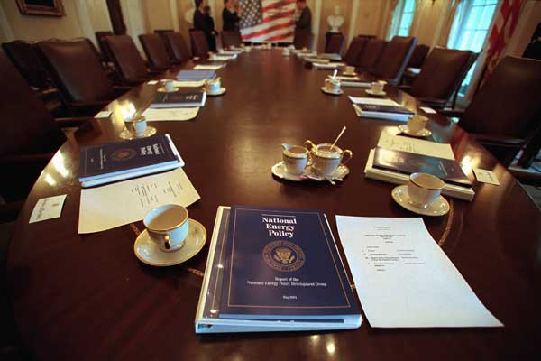 Copies of the energy report are resting on the table in the Cabinet Room. White House photo by David Bohrer.