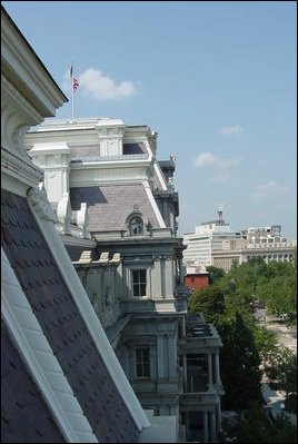 The building's facade and roof of the east center pavilion.