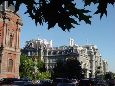 View southwest across 17th Street and Pennsylvania Avenue to the Eisenhower Executive Office Building.