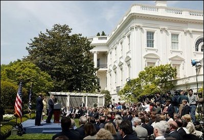 President George W. Bush welcomes the 2003 National and State Teachers of the Year during a ceremony in the East Garden Wednesday, April 30, 2003."I want to thank the teachers, who have traveled from all over the country, for being here today. Thank you for your dedication. Thank you for your hard and rewarding work. The 54 teachers we honor today deserve the respect and the gratitude of our entire nation. This is our way of thanking you all for your dedication, your service, and your love," President Bush said. 