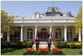 President George W. Bush and Prime Minister Tony Blair hold a press conference in the Rose Garden of the White House on April 16, 2004. 