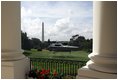 President George W. Bush and Laura Bush depart for New Hampshire and Michigan aboard Marine One from the South Lawn of the White House, Monday, August 30, 2004. 