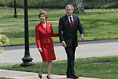 President and Laura Bush return to the White House after attending the dedication of the Abraham Lincoln Presidential Library and Museum Tuesday, April 19, 2005. 