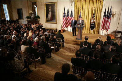 President George W. Bush delivers remarks in the East Room of the White House, Friday, Oct. 7, 2005, where he honors six recipients of the President's Volunteer Service Awards, as part of the celebration of Hispanic Heritage Month.