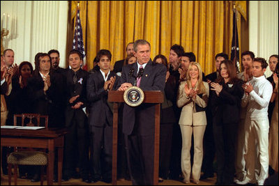 President George W. Bush speaks during the signing of an executive order creating the President's Advisory Commission on Educational Excellence for Hispanic Americans Oct. 12, 2001. He signed the order during the White House reception celebrating Hispanic Heritage Month.