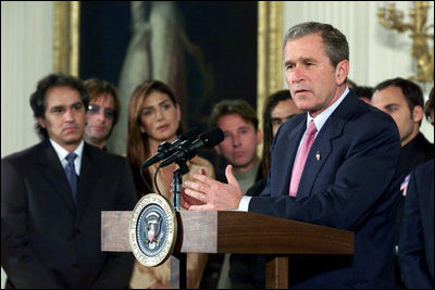 President George W. Bush speaks during the signing of an executive order creating the President's Advisory Commission on Educational Excellence for Hispanic Americans Oct. 12, 2001. He signed the order during the White House reception celebrating Hispanic Heritage Month.