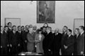 Within hours of President Franklin Roosevelt's death, Vice President Harry Truman takes the oath of office in a brief ceremony in the Cabinet Room April 12, 1945.