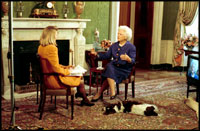 Barbara Bush and her dog, Millie, are interviewed in the Green Room by Paula Zahn for CBS This Morning October 30, 1992.