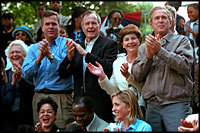 The Bush family enjoys a game of tee ball on the White House lawn on June 3, 2001. From left to right are Barbara Bush, Florida Governor Jeb Bush, former President George H.W. Bush, Laura Bush and President George W. Bush.