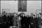 Within hours of President Franklin Roosevelt's death, Vice President Harry Truman takes the oath of office in a brief ceremony in the Cabinet Room April 12, 1945.