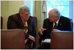 Vice President Cheney speaks with Speaker of the House Dennis Hastert in the Cabinet Room following a meeting about the military with members of Congress January 23, 2002.