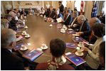 President George W. Bush discusses the creation of the Department of Homeland Security with members of Congress in a meeting in the Cabinet Room July 16, 2002. 