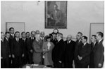 Within hours of President Franklin Roosevelt's death, Vice President Harry Truman takes the oath of office in a brief ceremony in the Cabinet Room April 12, 1945.