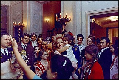 First Lady Pat Nixon greets visitors to the White House on December 23, 1969.