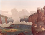 Based on engravings of the 1820s, one of the panels depicts Niagara Falls.