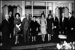 Jacqueline Kennedy gives a tour of the newly-refurbished White House Library June 21, 1962. Mrs. Kennedy also gave a televised tour for her historic redecoration of the State Floor of the White House.