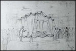 This drawing by Alfred Waud shows Lincoln's coffin resting on a catafalque in the East Room of the White House April 18, 1865. Because he and other artists were not allowed to attend the funeral, Waud viewed the casket before the funeral and included Mrs. Lincoln, who did not attend the service, in his drawing.