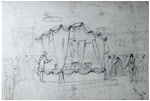 This drawing by Alfred Waud shows Lincoln's coffin resting on a catafalque in the East Room of the White House April 18, 1865. Because he and other artists were not allowed to attend the funeral, Waud viewed the casket before the funeral and included Mrs. Lincoln, who did not attend the service, in his drawing.