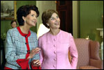 Laura Bush hosts a coffee for Jolanta Kwasniewska, wife of Polish President Aleksander Kwasniewski, during the Polish State Visit, July 17, 2002.