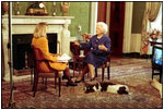 Barbara Bush and her dog, Millie, are interviewed in the Green Room by Paula Zahn for CBS This Morning October 30, 1992.