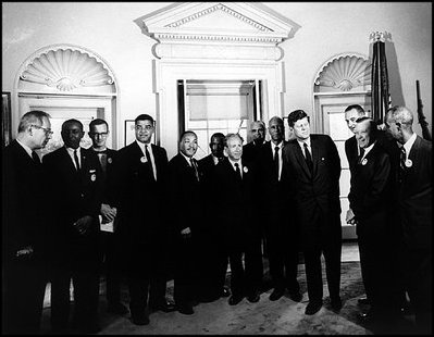 John F. Kennedy meets with Martin Luther King, Jr. and the leaders of the March on Washington in the Oval Office August 28, 1963. With more extensive press coverage than any previous political demonstration in U.S. history, the march and King’s speech were historic moments in the Civil Rights movement.