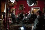 President George W. Bush speaks to Frank Sesno in the Red Room for a History Channel special on Ronald Reagan May 1, 2002. 