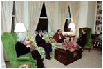 Sitting in the first floor library of the Naval Observatory, then-Vice President George H. W. Bush, second on right, and his wife Barbara Bush, left, talk with then-President Ronald Reagan, second on left, and Nancy Reagan, right, Feb. 12, 1981.