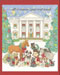 This illustration shows presidential pets on the North Lawn of the White House including horses, dogs, cats, a peacock and a ram.