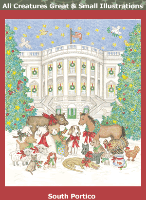 This illustration shows presidential pets on the North Lawn of the White House including dogs, sheep, a turkey and a goldfish.