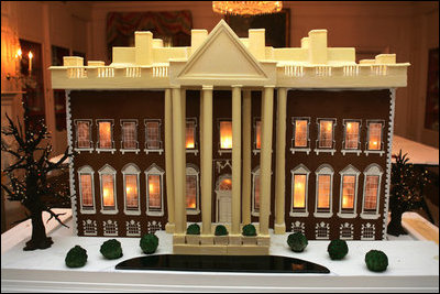 The White House gingerbread house, created by White House Executive Pastry Chef Thaddeus DuBois, is seen on display in the State Dining Room. 