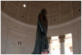 President Bush visited the Jefferson Memorial on July 2, 2001 as part of the beginning of Independence Day celebrations. The President greeted these two boys and other visitors to the memorial dedicated to President Thomas Jefferson, who is credited with drafting the Declaration of Independence. Two days later, President Bush visited Independence Hall in Philadelphia, the site of the adoption of the Declaration of Independence by the Continental Congress on July 4, 1776.