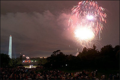 Although dark clouds rained on everybody's parade in Washington D.C., the sky opened up just in time for a firey spectacle set to patriotic music performed by the National Symphony Orchestra July 4, 2001.