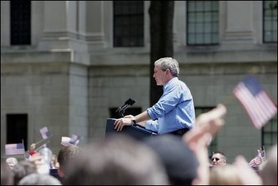 President George W. Bush delivers remarks at the Fourth of July Celebration in Charleston, West Virginia on Independence Day, 2004.