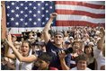 An estimated 3,000 celebrated Independence Day Monday, July 4, 2005, by cheering on President George W. Bush as he spoke at West Virginia University in Morgantown.