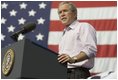 President George W. Bush speaks to an Independence Day crowd in Morgantown, W.Va., Monday, Jul 4, 2005. The President told the estimated 3,000 people at West Virginia University that "the revolutionary truths of the Declaration are still at the heart of America."