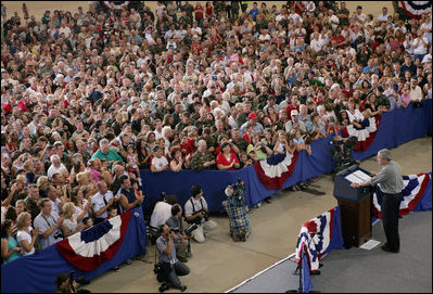 President George W. Bush addresses members of the West Virginia Air National Guard 167th Airlift Wing and their family members Wednesday, July 4, 2007, in Martinsburg, W. Va. White House photo by Chris Greenberg